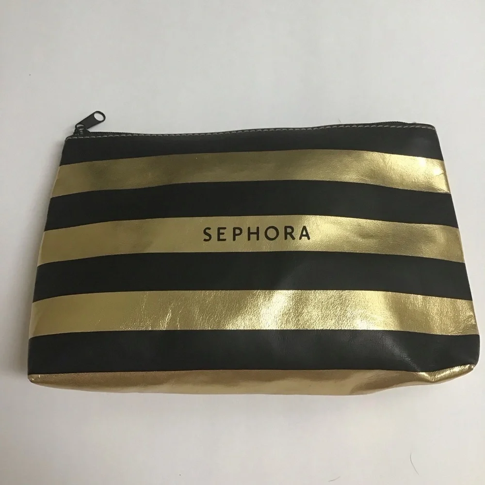 Sephora Makeup Bag Black Gold Stripe Cosmetic Pouch Beauty Organizer Travel 5x8